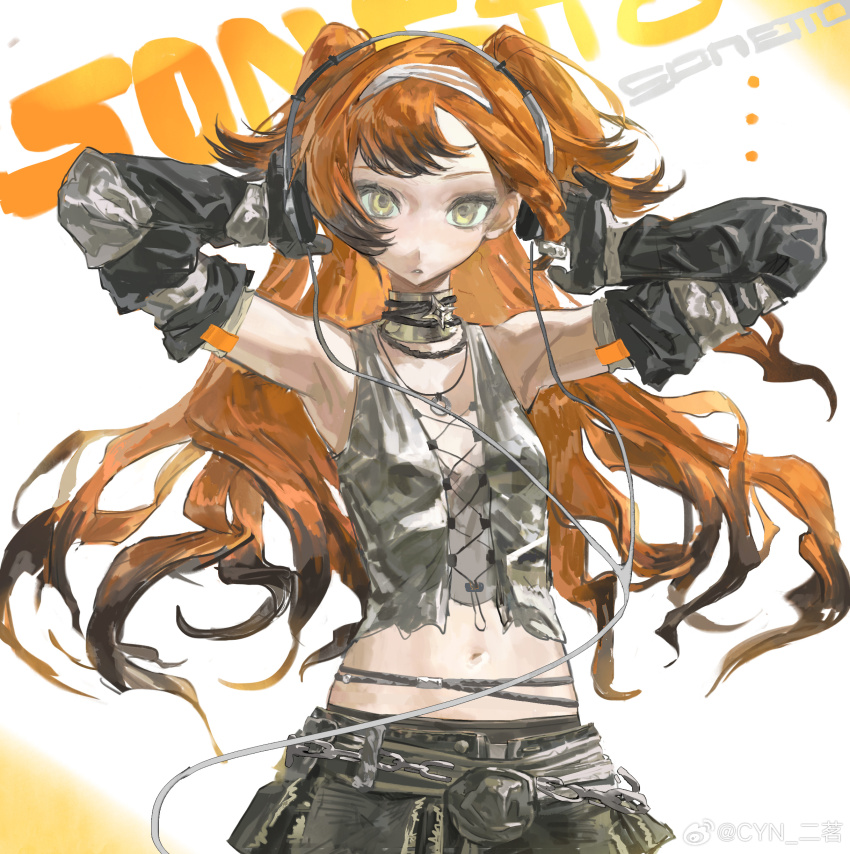 1girl, absurdres, arm_warmers, armpits, arms_behind_head, belt, black_arm_warmers, black_hair, breasts, cowboy_shot, denim, denim_shorts, erming225, grey_vest, headphones, highres, jewelry, long_hair, looking_at_viewer, midriff, multicolored_hair, navel, necklace, orange_hair, orange_theme, parted_lips, reverse:1999, shorts, small_breasts, solo, sonetto_(reverse:1999), standing, streaked_hair, twintails, vest, watermark, weibo_watermark, white_background, y2k_fashion, yellow_eyes