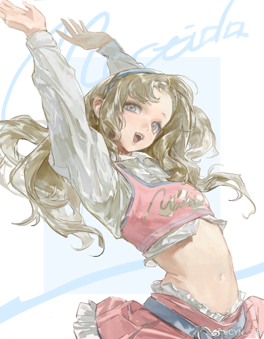 1girl, :d, absurdres, arms_up, blonde_hair, blue_hairband, cowboy_shot, erming225, frilled_skirt, frills, grey_eyes, hairband, highres, long_hair, long_sleeves, looking_at_viewer, matilda_bouanich, navel, open_hand, open_mouth, pink_skirt, pink_vest, reverse:1999, shirt, skirt, smile, solo, stomach, teeth, upper_teeth_only, vest, watermark, weibo_watermark, white_shirt