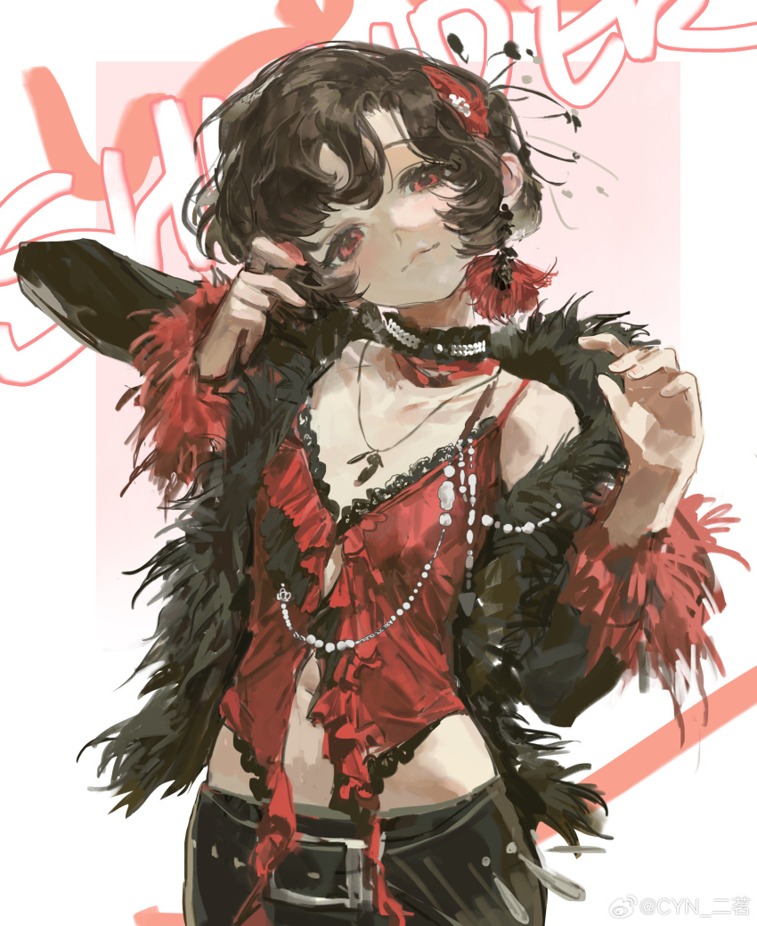 1girl, absurdres, beads, belt, black_belt, black_choker, black_hair, black_jacket