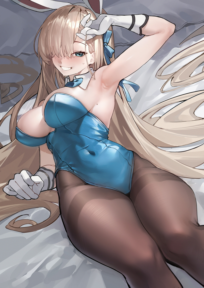 1girl, absurdres, animal_ears, arm_up, armpits, asuna_(blue_archive), asuna_(bunny)_(blue_archive), blue_archive