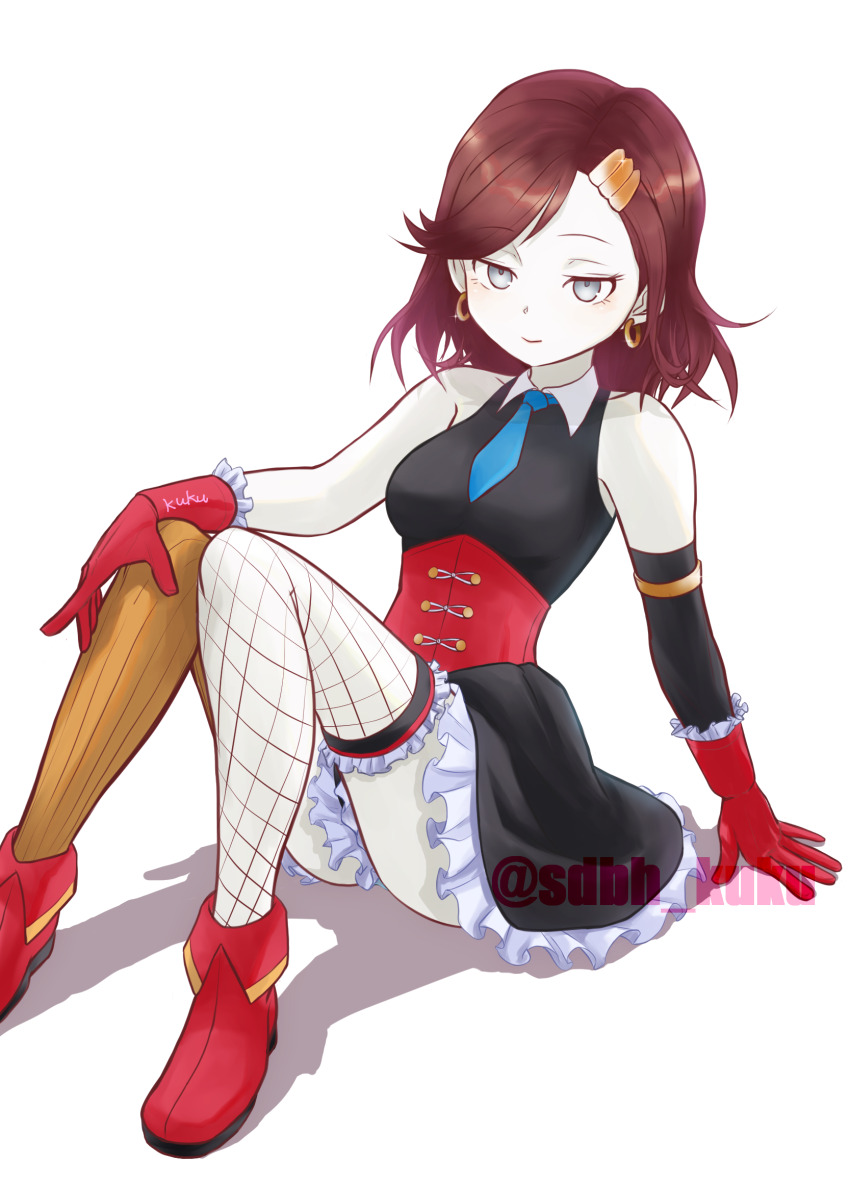 1girl, android, ankle_boots, armlet, bare_shoulders, black_dress, blue_eyes, blue_necktie