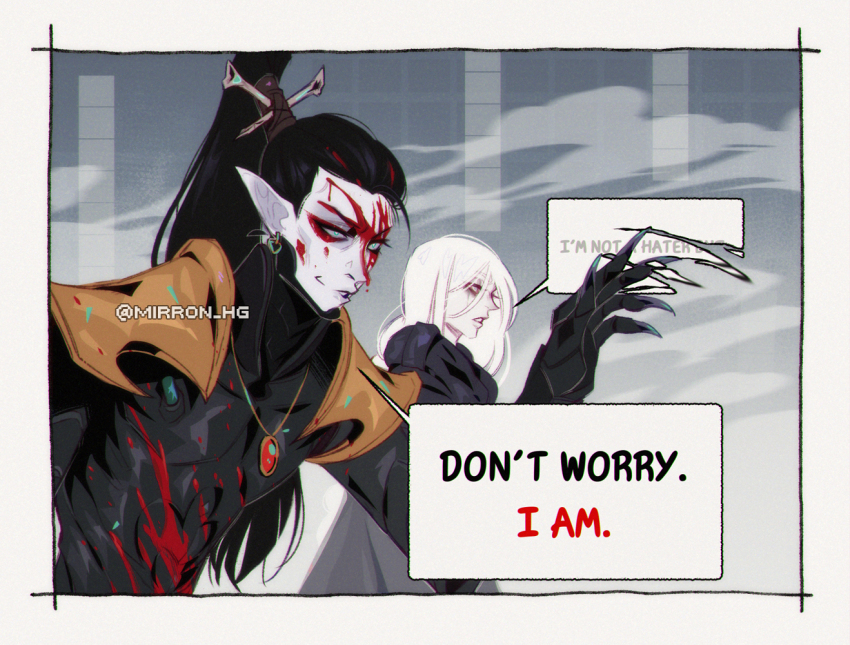 1boy, 1girl, black_bodysuit, black_hair, blood, blood_on_clothes, blood_on_face, bodysuit