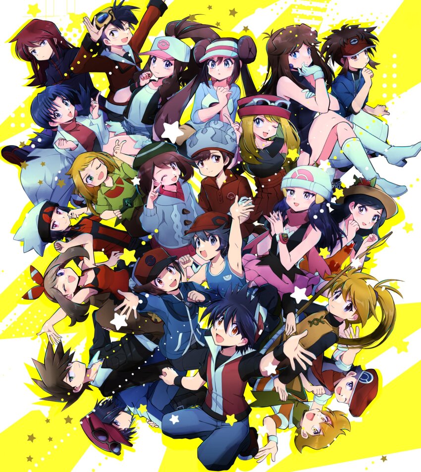 6+boys, 6+girls, ayateaori, barry_(pokemon), baseball_cap, beanie, beret, black_dress