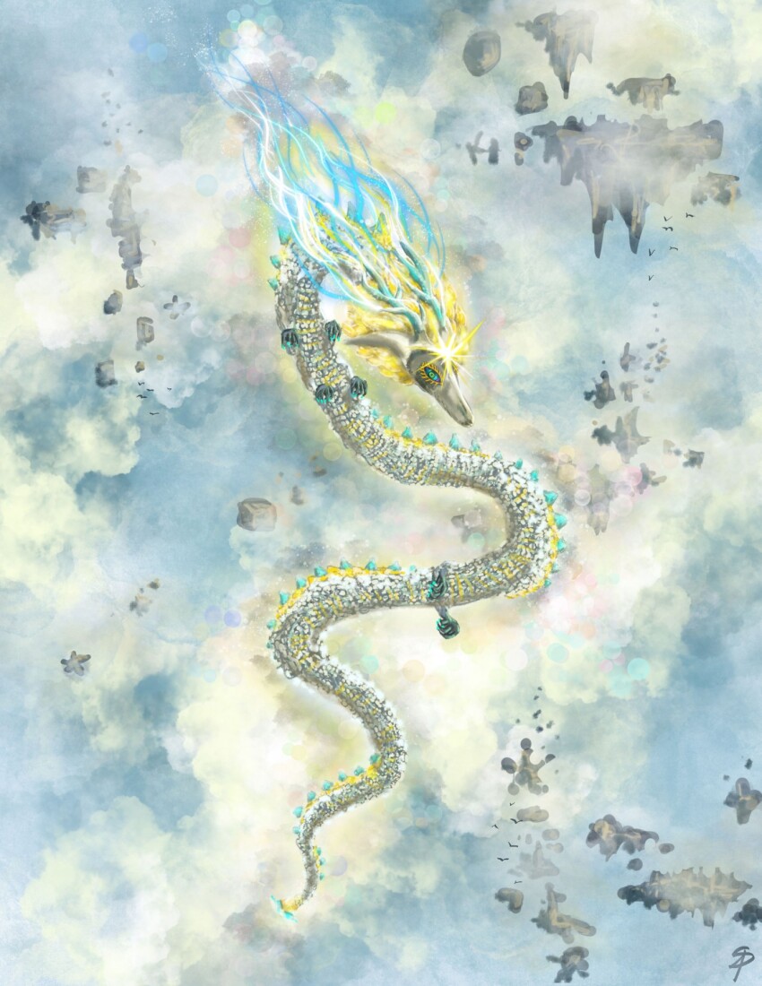 antlers, aqua_eyes, cloud, day, dragon, eastern_dragon, extra_legs, floating_island