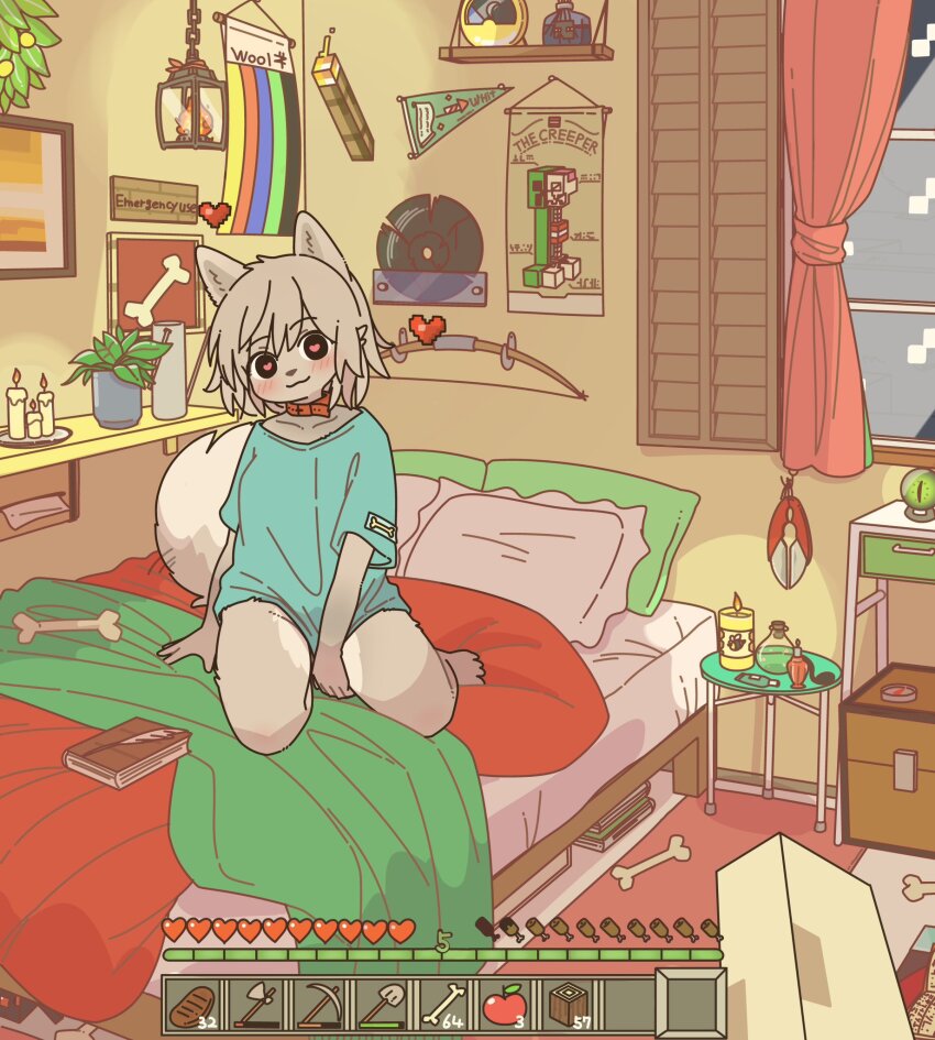 1boy, 1girl, aqua_shirt, bed, bedroom, black_eyes, blanket, body_fur