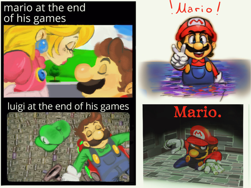 1girl, 2boys, imminent_kiss, artist_request, blonde_hair, blue_eyes, breasts, brown_hair, closed_eyes, crown, dress, earrings, facial_hair, gloves, grin, hat, jewelry, long_hair, looking_at_another, looking_at_viewer, luigi, luigi's_mansion, lying, mario, mario_(series), multiple_boys, mustache, nintendo, overalls, pink_dress, princess_peach, smile, source_request, super_mario_64, v, vanish_mario