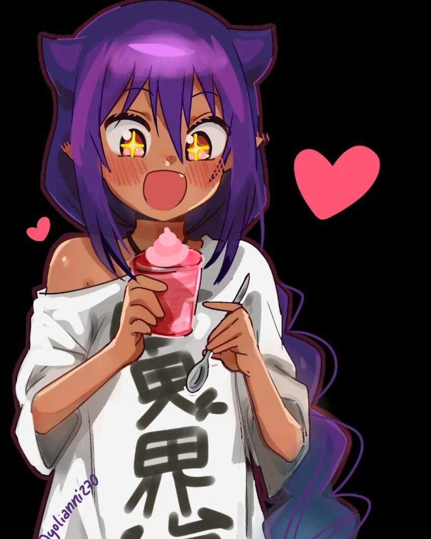 black_background, blush, breasts, dark_skin, food, heart, highres, horns