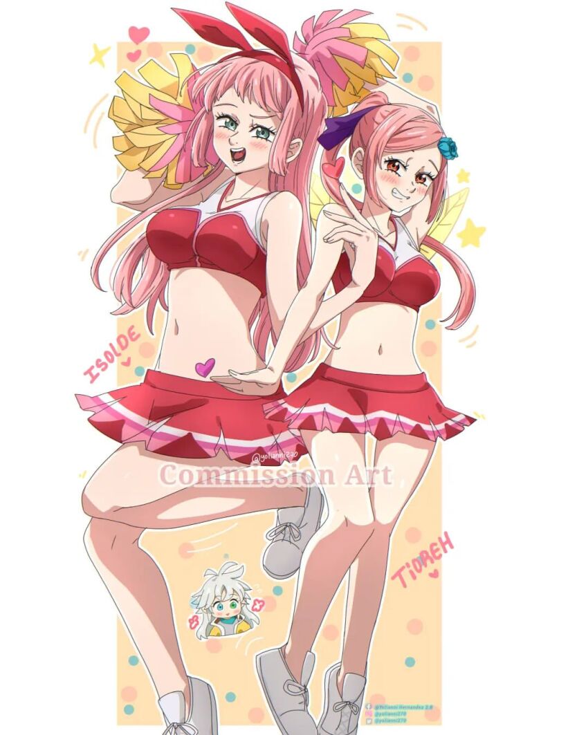 animal_ears, blue_eyes, blush, breasts, cheerleader, flower_ornament, heart, highres