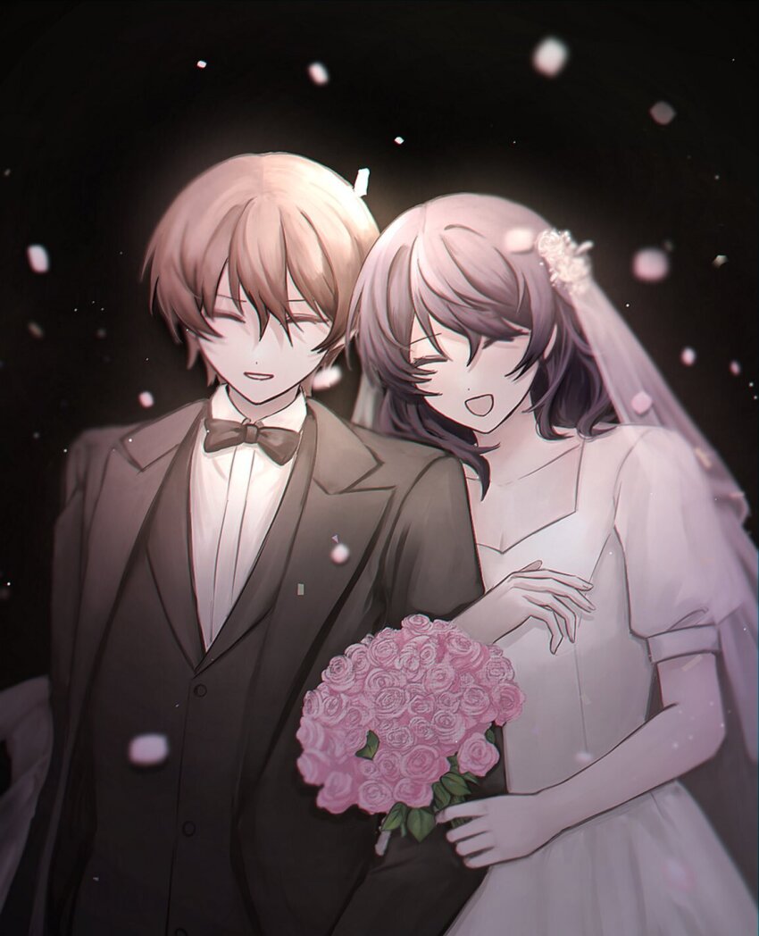 1boy, 1girl, black_background, black_bow, black_bowtie, black_hair, black_jacket, black_vest