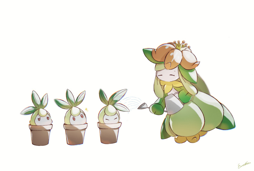 closed_eyes, colored_skin, crown, emf_ru, emofuru_(vktd5442), evolutionary_line, flower_pot, gen_5_pokemon