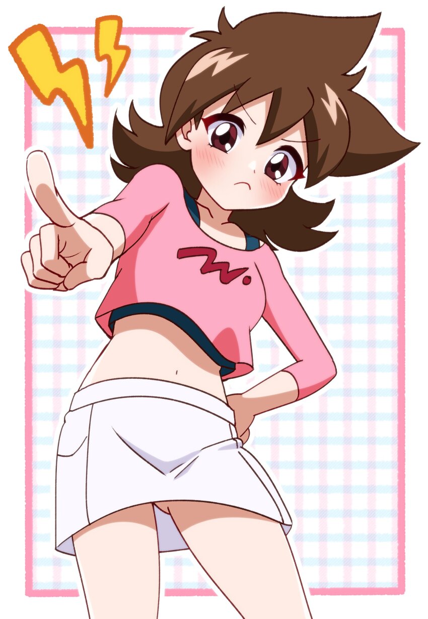 >:(, 1girl, absurdres, angry, bakuten_shoot_beyblade, beyblade, blush, brown_hair