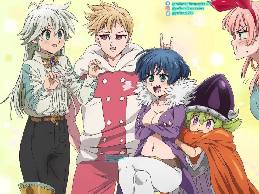 angry, blonde_hair, blue_hair, blush, breasts, gawain_(mokushiroku_no_yonkishi), grabbing_another's_breast, green_hair, groping, isolde, large_breasts, long_hair, multiple_girls, percival_(mokushiroku_no_yonkishi), pink_hair, smile, tristan, white_hair, yolianni270