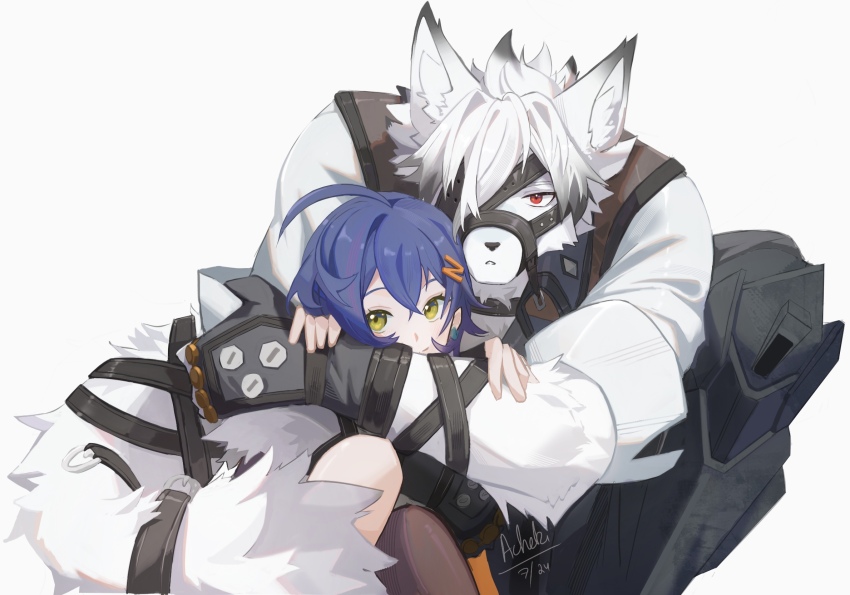 1boy, 1girl, acheki, animal_ears, belle_(zenless_zone_zero), black_gloves, blue_hair, commentary, couple, english_commentary, frown, furry, furry_male, gloves, hetero, highres, hug, hug_from_behind, knee_up, looking_at_viewer, protecting, scene_reference, signature, simple_background, smile, upper_body, von_lycaon, white_background, yellow_eyes, zenless_zone_zero