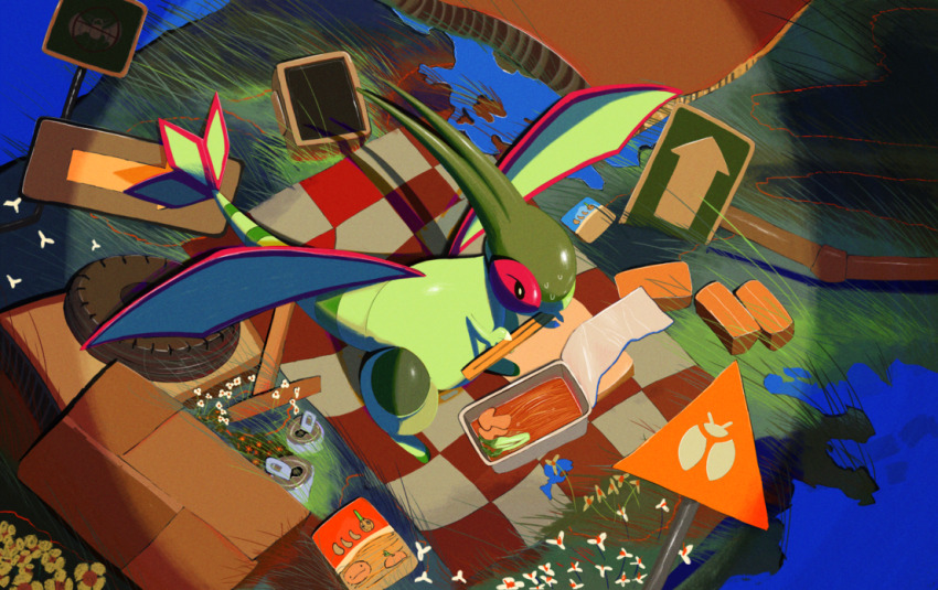 black_eyes, bright_pupils, chopsticks, clip_studio_paint_(medium), commentary, flower, flygon, from_above