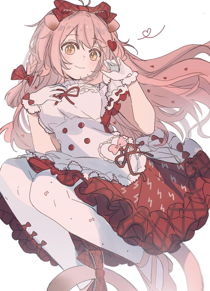 1girl, animal_ears, arknights, bow, breasts, cat_ears, cat_girl, cat_tail, gloves, goldenglow_(arknights), goldenglow_(party_in_the_garden)_(arknights), hair_bow, heart, highres, lightning_bolt_print, long_hair, looking_at_viewer, medium_breasts, official_alternate_costume, pantyhose, pink_hair, pink_shoes, red_bow, red_skirt, seri_(vyrlw), shirt, shoes, short_sleeves, simple_background, skirt, smile, solo, tail, tail_bow, tail_ornament, white_background, white_gloves, white_pantyhose, white_shirt, yellow_eyes
