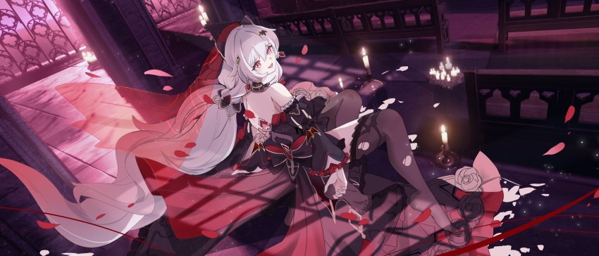 1girl, back, bat_hair_ornament, black_dress, black_pantyhose, candle, candle_wax, detached_sleeves