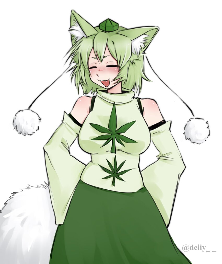 1girl, alternate_color, animal_ear_fluff, animal_ears, arms_behind_back, blush, breasts, closed_eyes, commentary, cowboy_shot, deily, detached_sleeves, drugs, english_commentary, green_hair, green_hat, green_shirt, green_skirt, green_sleeves, hat, highres, inubashiri_momiji, marijuana, medium_breasts, open_mouth, pom_pom_(clothes), shirt, short_hair, simple_background, skirt, sleeveless, sleeveless_shirt, smile, solo, tail, tokin_hat, touhou, turtleneck, turtleneck_shirt, weed, white_background, wolf_ears, wolf_girl, wolf_tail