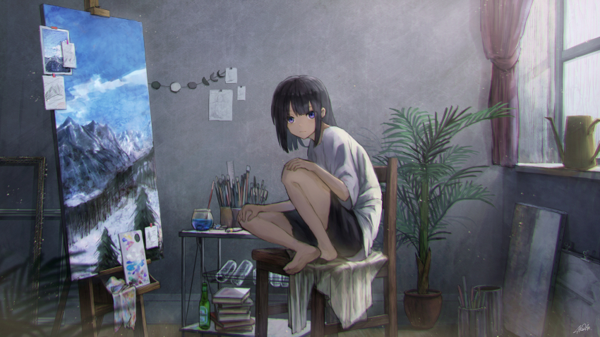 1girl, absurdres, arms_on_knees, atuhi, barefoot, black_hair, black_shorts, book