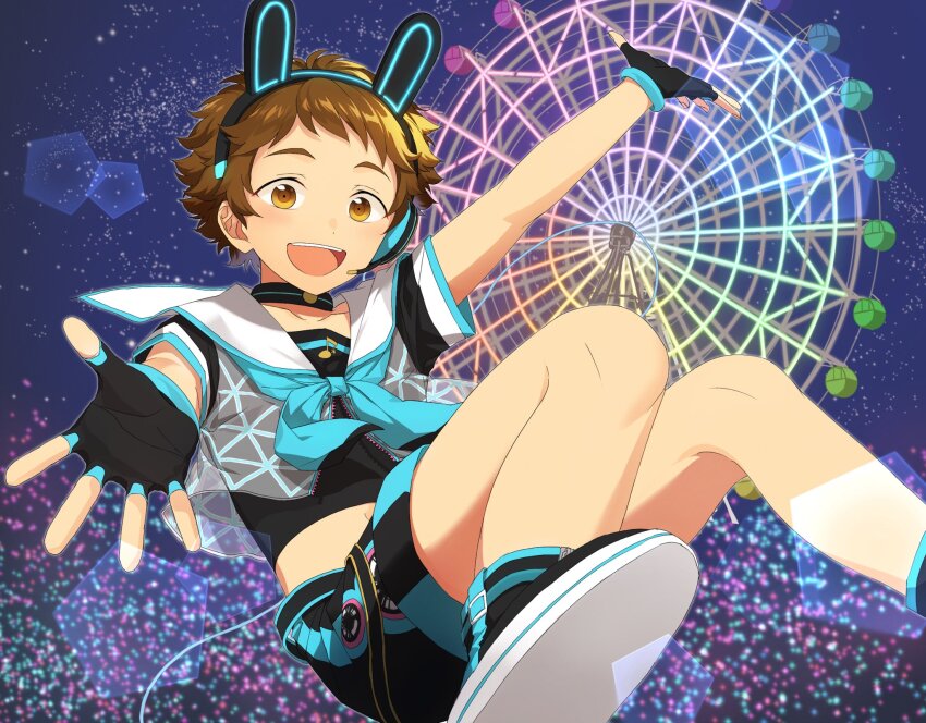 1boy, :d, akari-chan_(e), animal_ears, aqua_neckerchief, aqua_trim, arm_up, belt