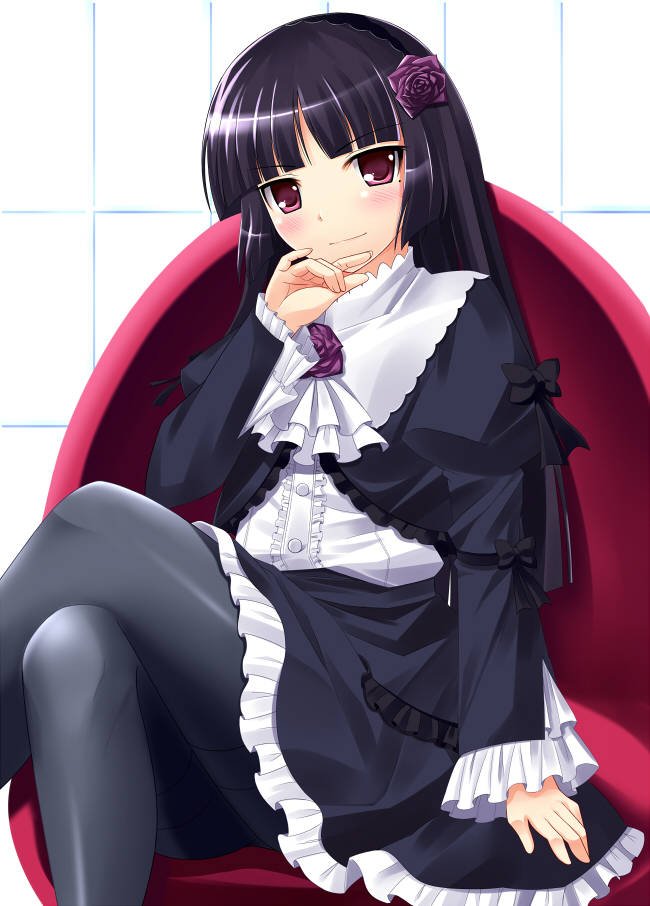 1girl, black_hair, black_pantyhose, crossed_legs, dress, female_focus, gokou_ruri, gothic_lolita