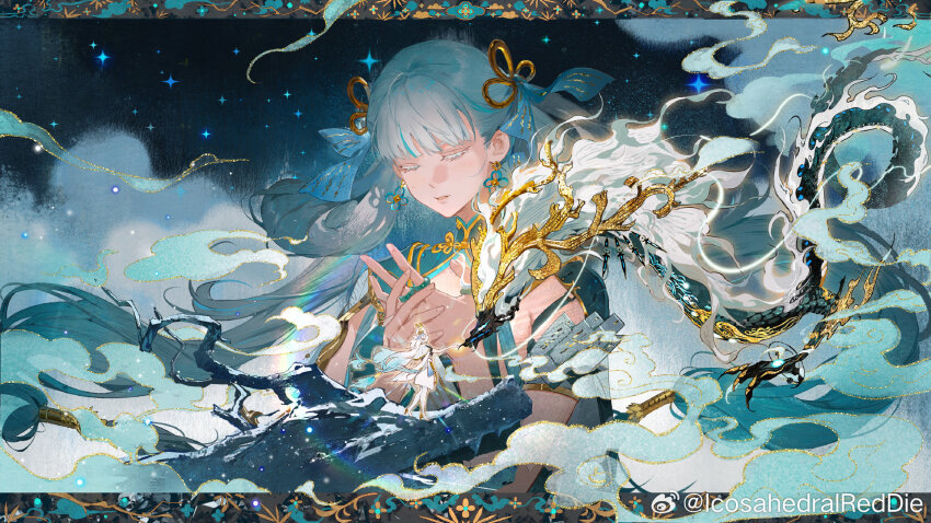 1girl, 1other, blue_ribbon, border, chinese_commentary, closed_eyes, cloud, colored_eyelashes, commentary_request, dragon, dragon_horns, eastern_dragon, eastern_dragon_horns, gold_horns, hair_ribbon, hair_rings, hands_up, highres, horns, icosahedralreddie, jinhsi_(wuthering_waves), jue_(wuthering_waves), letterboxed, long_hair, mole, mole_on_cheek, night, ornate_border, outstretched_arm, own_hands_together, projected_inset, ribbon, sky, star_(sky), twintails, very_long_hair, watermark, weibo_watermark, white_eyelashes, white_hair, wuthering_waves