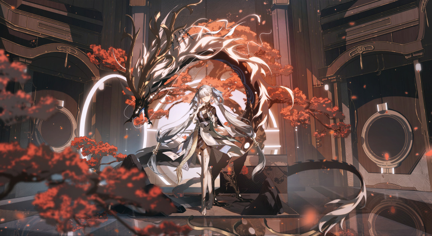 1girl, 1other, absurdres, arm_behind_back, autumn_leaves, black_dress, blue_ribbon, blunt_bangs