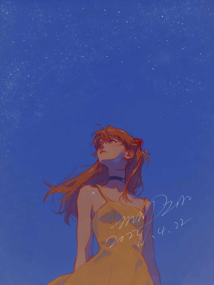 1girl, black_choker, blue_eyes, choker, dress, highres, looking_up, neon_genesis_evangelion, nmpzm, orange_hair, sky, solo, souryuu_asuka_langley, star_(sky), starry_sky, yellow_dress