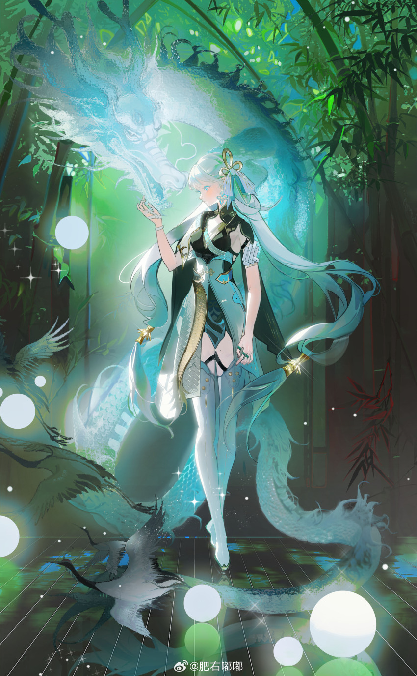 1girl, absurdres, animal_request, bamboo, bare_arms, bird, black_dress, blue_ribbon, blush, boots, check_animal, chinese_commentary, colored_eyelashes, commentary_request, crane_(animal), crossed_legs, diffraction_spikes, dragon, dress, eastern_dragon, fei_you_dudu, hair_ribbon, highres, indoors, jewelry, jinhsi_(wuthering_waves), light_particles, long_hair, looking_to_the_side, low-tied_long_hair, mole, mole_on_thigh, multiple_rings, ribbon, ring, solo, spirit, standing, thigh_boots, twintails, two-tone_dress, very_long_hair, watermark, watson_cross, weibo_watermark, white_bird, white_boots, white_dress, white_eyelashes, white_eyes, white_hair, wuthering_waves