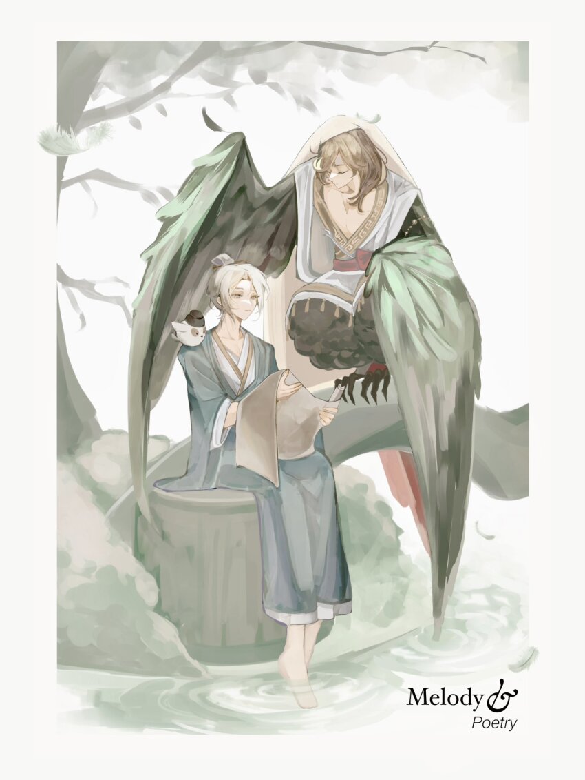2boys, animal, animal_feet, animal_on_shoulder, barefoot, bird, bird_legs, bird_on_shoulder