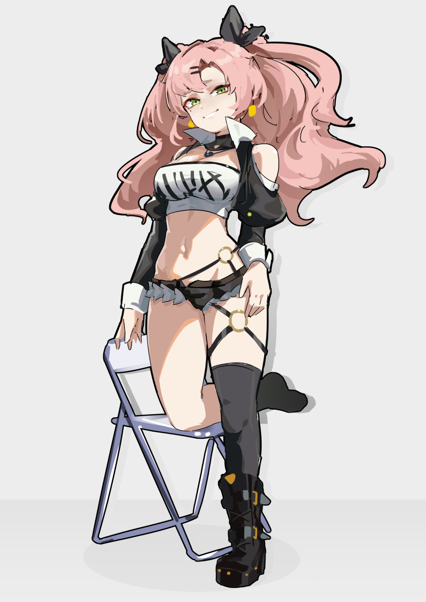 1girl, absurdres, black_boots, black_shorts, black_thighhighs, boots, breasts, chair