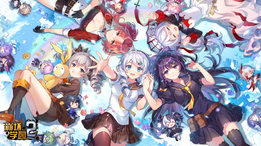 5girls, :d, :o, absurdres, ahoge, antenna_hair, bare_shoulders, black_footwear