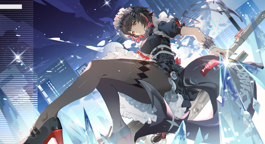 1girl, absurdres, black_dress, black_hair, breasts, city, city_lights, cityscape, colored_inner_hair, dress, ellen_joe, fins, fish_tail, from_below, highres, ice, leleyoukuailele, looking_at_viewer, maid, maid_headdress, mole, mole_under_eye, multicolored_hair, nail_polish, pantyhose, puffy_short_sleeves, puffy_sleeves, red_eyes, red_hair, red_nails, shark_tail, short_hair, short_sleeves, solo, tail, zenless_zone_zero