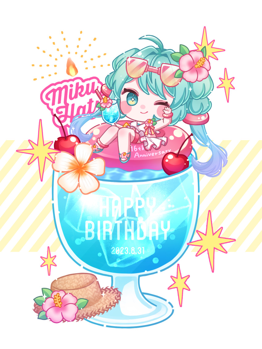 1girl, 2023, ;), absurdres, ahoge, alternate_costume, aqua_eyes, aqua_hair, ari_(oonmnmooo), blue_hair, blush, braid, character_name, cherry, chibi, closed_mouth, dated, drink, english_text, eyewear_on_head, flower, food, footwear_flower, frills, fruit, full_body, gradient_hair, hair_flower, hair_intakes, hair_ornament, happy_birthday, hat, hat_flower, hatsune_miku, hibiscus, highres, holding, holding_drink, ice, ice_cube, innertube, multicolored_hair, one_eye_closed, pink_flower, purple_hair, sandals, smile, solo, sparkle, straw_hat, summer, swim_ring, thigh_strap, tinted_eyewear, twintails, vocaloid, white_flower