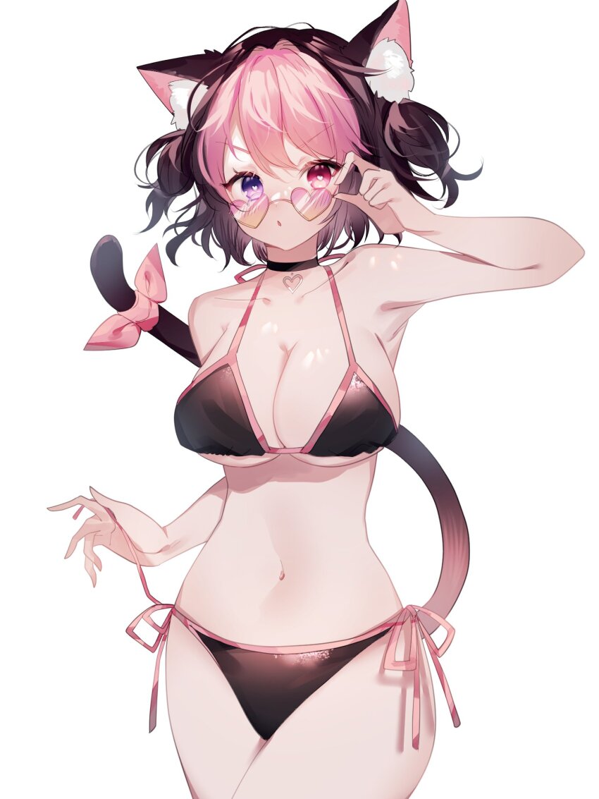 1girl, animal_ears, artist_request, bikini, black_bikini, black_hair, breasts, darlingstrawb, glasses, heart, heart-shaped_eyewear, heart-shaped_pupils, heterochromia, highres, indie_virtual_youtuber, large_breasts, multicolored_hair, navel, pink_hair, swimsuit, symbol-shaped_pupils, tail, two-tone_hair, virtual_youtuber, white_background