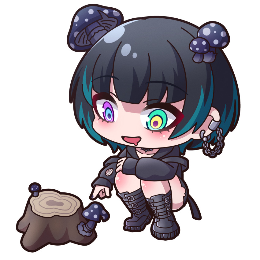 1girl, :d, absurdres, black_boots, black_collar, black_hair, black_hoodie, black_nails