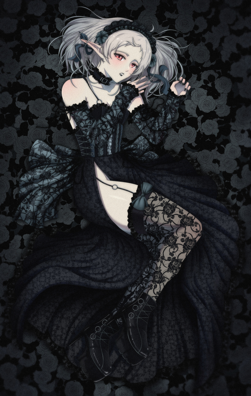 1girl, absurdres, alternate_costume, black_boots, black_corset, black_headdress, black_lips, black_nails