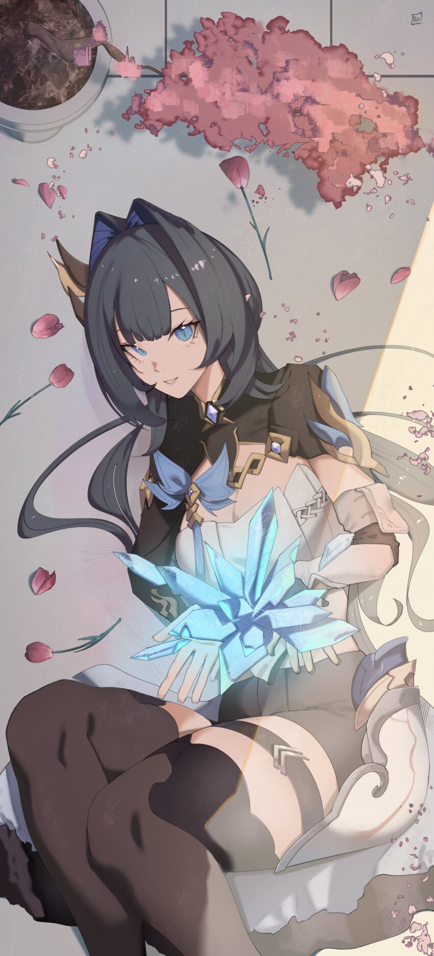 1girl, absurdres, black_footwear, black_hair, black_shorts, blue_eyes, breasts, cosplay