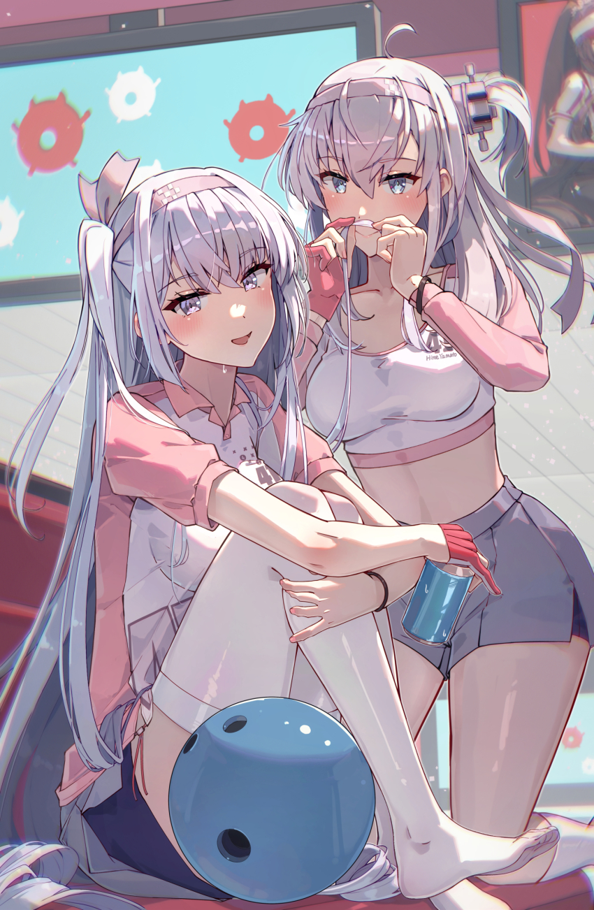 3girls, alternate_costume, bike_shorts, bike_shorts_under_skirt, black_shorts, blue_eyes, blush, breasts, casual, closed_mouth, collarbone, enemy_lifebuoy_(kancolle), fuyutsuki_(kancolle), fuyutsuki_(round1)_(kancolle), gloves, grey_eyes, grey_hair, grey_skirt, hair_between_eyes, highres, himeyamato, holding, kantai_collection, long_hair, long_sleeves, medium_breasts, multiple_girls, no_shoes, official_alternate_costume, one_side_up, open_mouth, partially_fingerless_gloves, red_gloves, short_sleeves, shorts, single_glove, skirt, smile, socks, suzutsuki_(kancolle), thighhighs, white_socks, white_thighhighs, yamato_(kancolle)