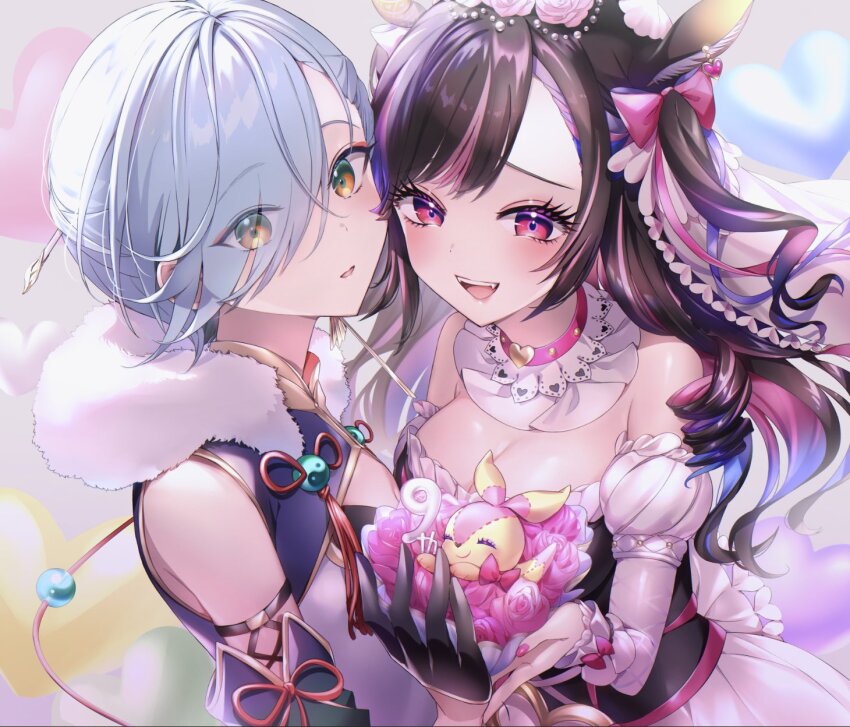 11-chan, 2girls, breasts, cleavage, detached_sleeves, flower, fur_trim, gaoshi_(shironeko_project)