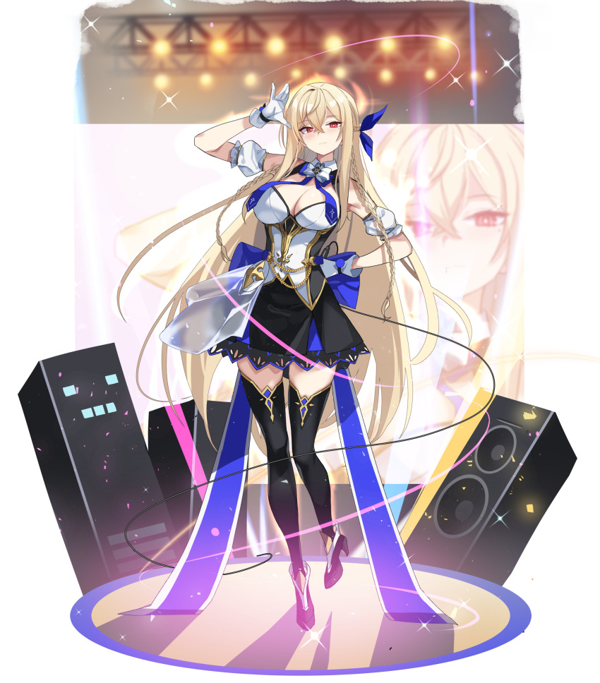 1girl, :|, absurdres, alternate_costume, back_bow, black_boots, black_skirt, blonde_hair