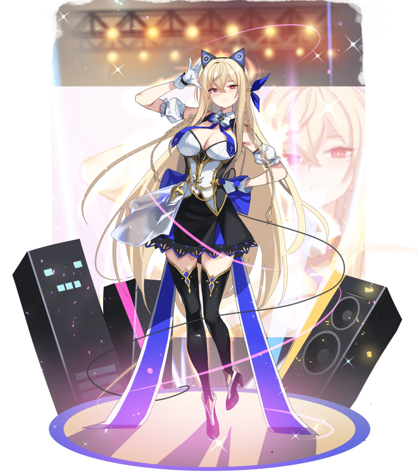 1girl, :|, absurdres, alternate_costume, animal_ears, back_bow, black_boots, black_skirt