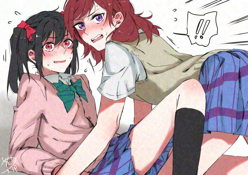 !, 2girls, adversarial_noise, between_legs, black_hair, black_socks, blue_skirt, blush