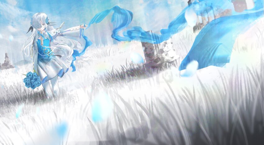 1girl, arm_up, black_ribbon, blue_dress, blue_flower, blue_hair, blue_ribbon, blue_rose