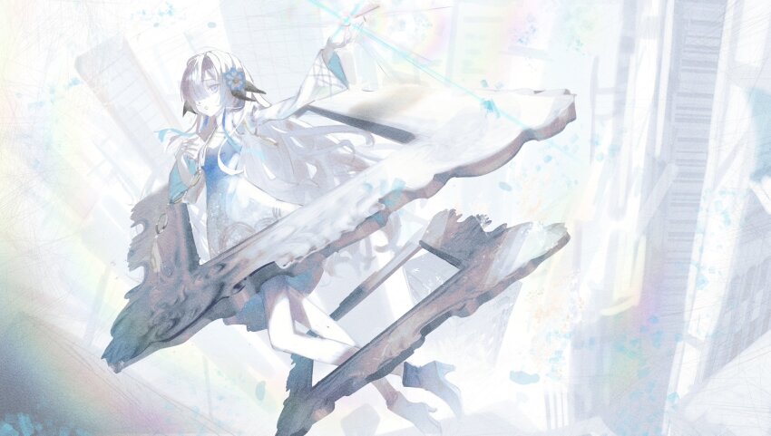 1girl, arm_up, black_footwear, black_ribbon, blue_dress, blue_flower, blue_hair, dress