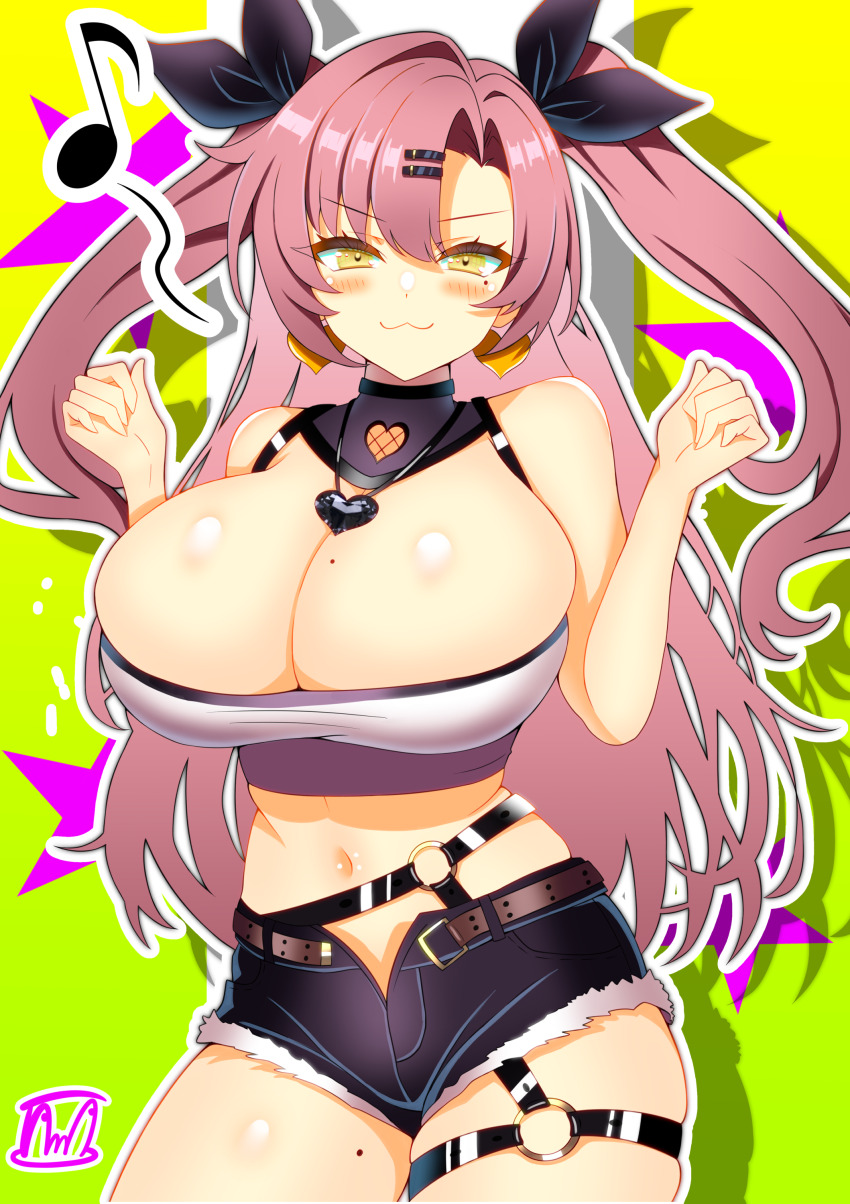 1girl, :3, absurdres, bare_arms, bare_shoulders, belt, black_ribbon, black_shorts