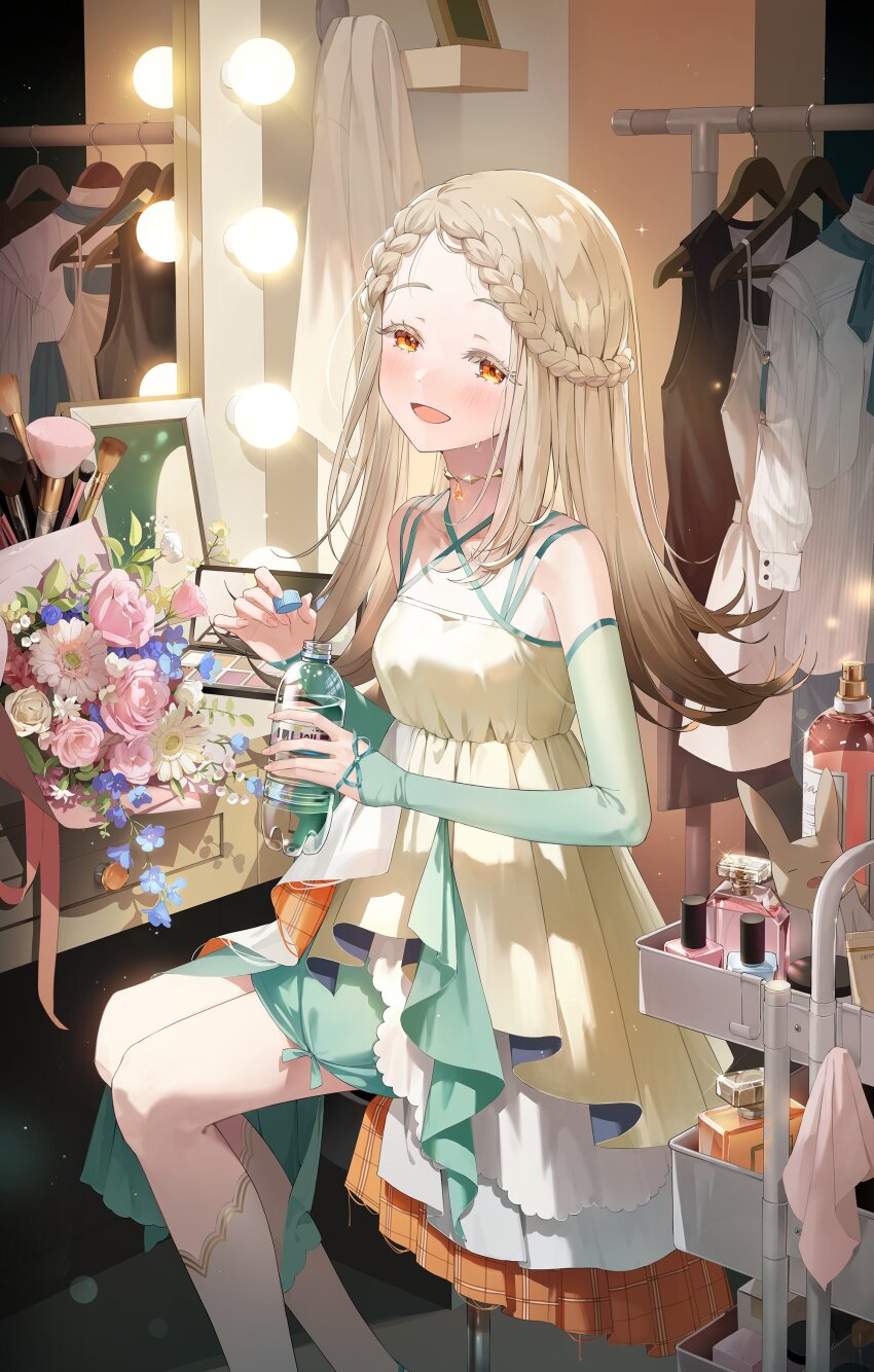 1girl, absurdres, blush, bottle, braid, braided_bangs, breasts, brown_hair, colored_eyelashes, detached_sleeves, dress, dressing_room, fingernails, gakuen_idolmaster, gradient_hair, haseong_(cmss_hs), hashtag-only_commentary, highres, holding, holding_bottle, idolmaster, koukei_(idolmaster), light_brown_hair, long_hair, looking_at_viewer, multicolored_hair, orange_eyes, shinosawa_hiro, sitting, small_breasts, smile, socks, solo, sweat, water_bottle, white_socks