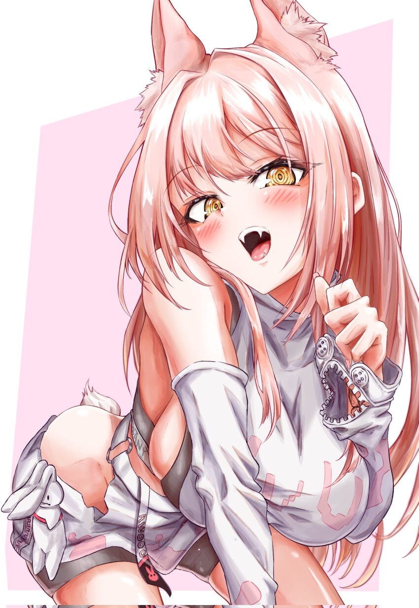 1girl, :o, animal, animal_ear_fluff, animal_ears, bare_shoulders, bike_shorts, black_shorts