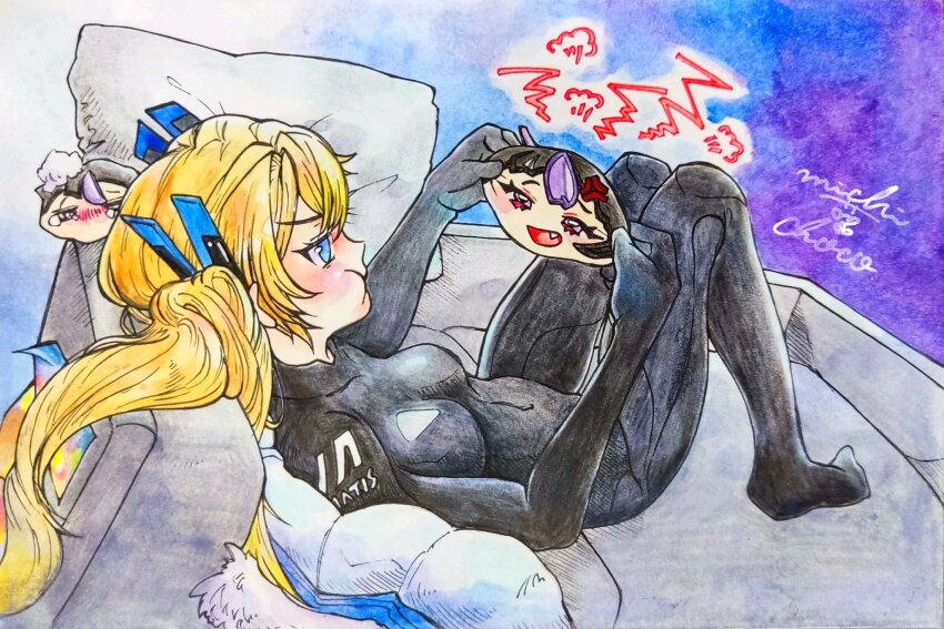 1girl, artist_name, bandaid, bandaid_on_cheek, bandaid_on_face, black_bodysuit, blonde_hair, blue_eyes, blush, bodysuit, breasts, coat, fang, fur_trim, goddess_of_victory:_nikke, headgear, highres, holding, laplace_(nikke), long_hair, lying, michikusa_choco, on_back, pout, small_breasts, solo, syuen_(nikke), traditional_media, twintails, white_coat