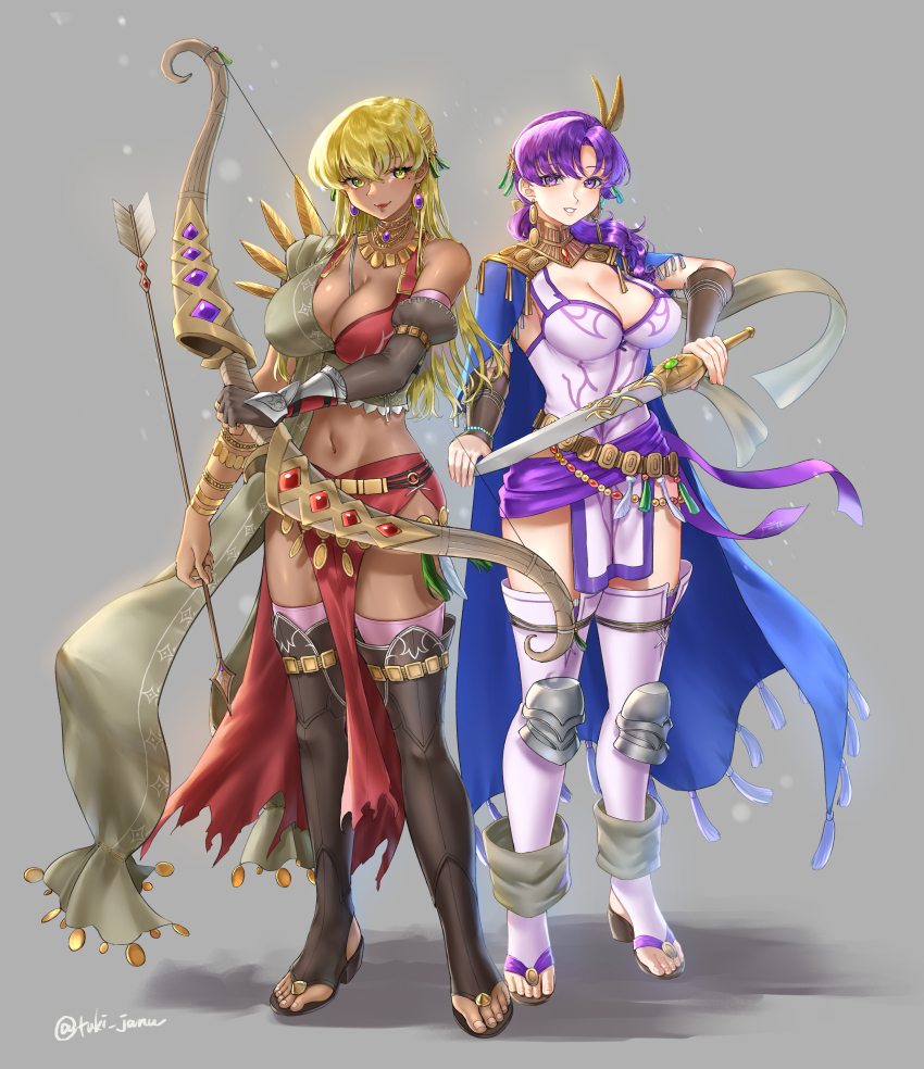 2girls, absurdres, alternate_costume, blonde_hair, blue_cape, bow_(weapon), breasts, cape