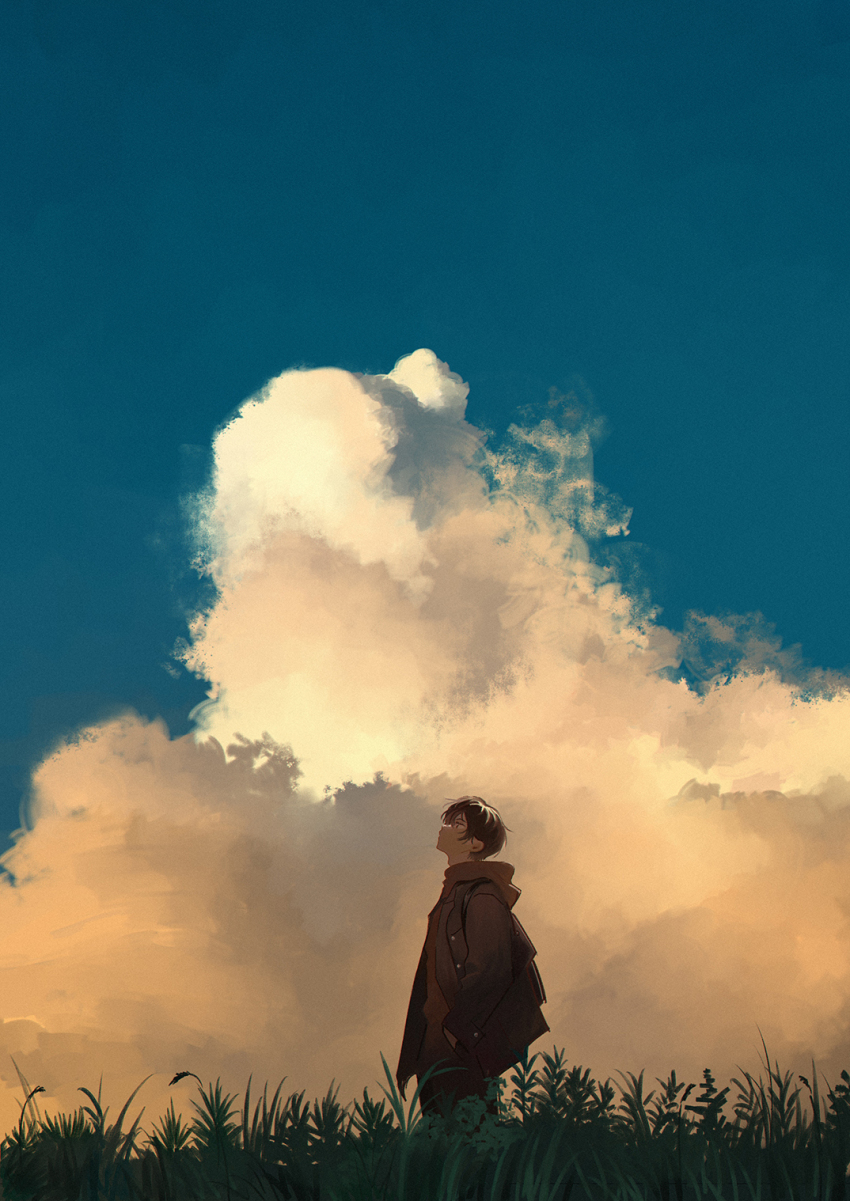 1boy, bag, black_bag, black_hair, blue_sky, brown_hoodie, brown_jacket, brown_pants, cloud, cumulonimbus_cloud, evening, field, grass, green_basil, hands_in_pockets, highres, hood, hoodie, jacket, looking_up, on_ground, open_clothes, open_jacket, original, outdoors, pants, short_hair, shoulder_bag, sky, solo, sunset